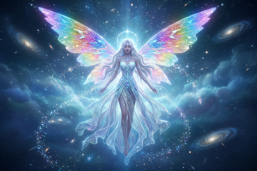 beautiful goddess fairy/angel with irridescent wings that sparkle in a diamond light with bluish light tines stars and sparkles