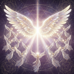 Majestic sparkling angel wings with golden light and angelic beings for Wings of Light Reiki Master Program