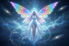 beautiful goddess fairy/angel with irridescent wings that sparkle in a diamond light with bluish light tines stars and sparkles