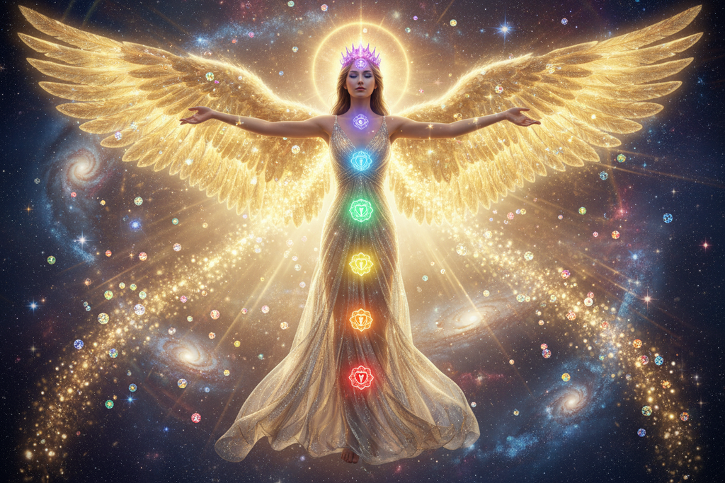 divine goddess with golden energy radiating out from her golden sparkling wings irridescent sparkles in auric field eneergy and each of the seven chakras