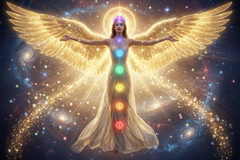 divine goddess with golden energy radiating out from her golden sparkling wings irridescent sparkles in auric field eneergy and each of the seven chakras